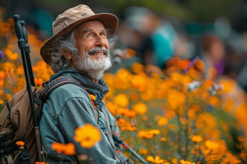 National Plant a Flower Day.Elderly man smiling while surrounded by vibrant flowers.