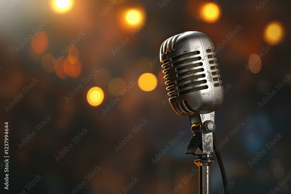 Poster gleaming vintage microphone awaits a captivating performance on a stage illuminated by warm lights, 