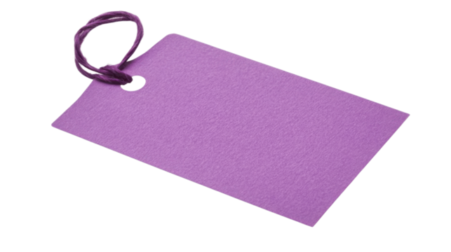 Purple rectangular label with purple string on transparent background
