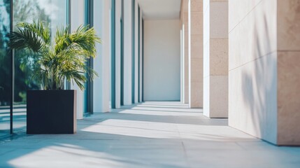 Modern building hallway with plant, sunlight streaming through glass walls, creating shadows. Architectural design, interior space for business or lifestyle