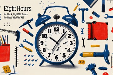 Eight Hours Day.Vintage poster-style illustration highlighting the eight-hour work movement with colorful gears and clock elements.