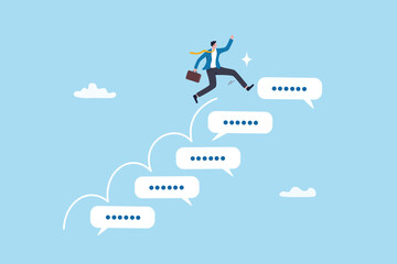 Advice, discussion talking, guidance, tips or suggestion for business success, help, wisdom, feedback to help develop improvement concept, businessman walk up speech bubble as stair to reach success.