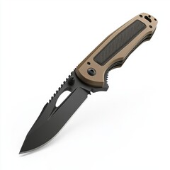 Obraz premium compact tactical knife with a serrated edge and rubberized grip, isolated on a clean white background