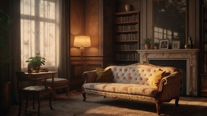 vintage living room, antique furniture, retro home decor, classic interior design, elegant room,...