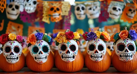 Obraz premium Festive pumpkins adorned with colorful sugar skull faces, each one wearing a tiny floral crown, set against a backdrop of papel picado banners