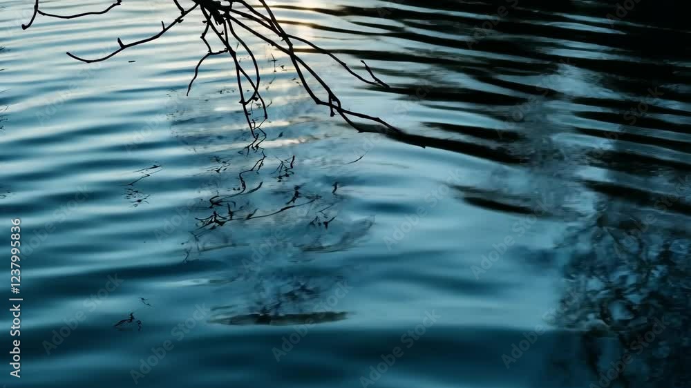 Aufkleber tranquil water reflections at dusk with ripples and branches creating an atmospheric scene