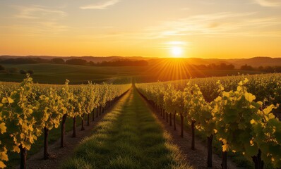 Majestic vineyard at sunset in warm hues
