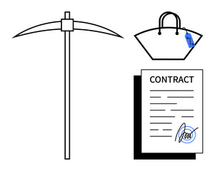 Pickaxe representing labor, handbag with price tag signifying commerce, and signed contract indicating agreement. Ideal for themes of work, trade, business deals, agreements, economics, retail