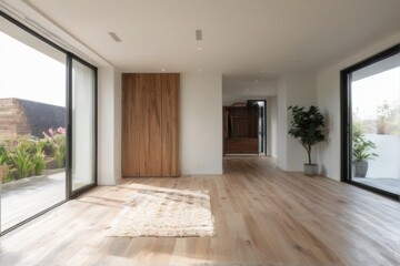 Modern and Minimalistic Room with Large Windows, High Ceiling, Wooden Flooring, and Balcony Access.