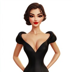 Fototapeta premium confident woman in a black elegant dress with red lipstick and a seductive smile, isolated on a white background for Saint Valentines Day