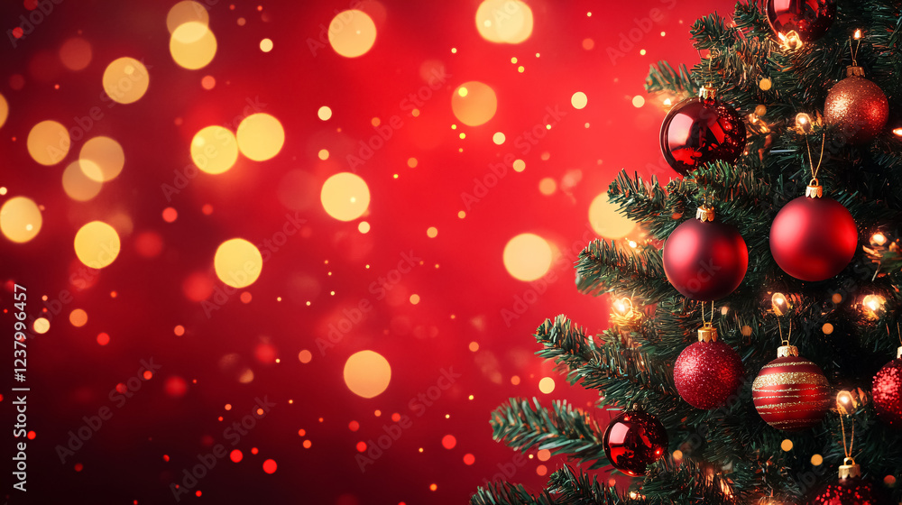 Poster christmas tree adorned with ornaments and bokeh lights set against a red backdrop.