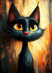  An emotional artistic portrait of a black cat with large expressive eyes on an abstract background with warm tones, illustration for children's book, watercolor