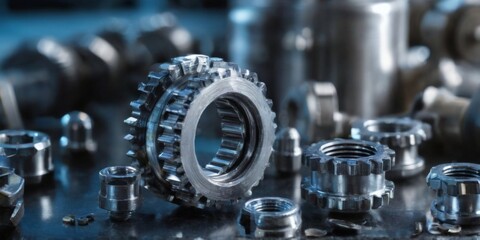 Fototapeta premium Mechanical Components Collection with Gear, Nuts, Bolts in Workshop Setting Shiny Metallic Finish, Low Angle View.