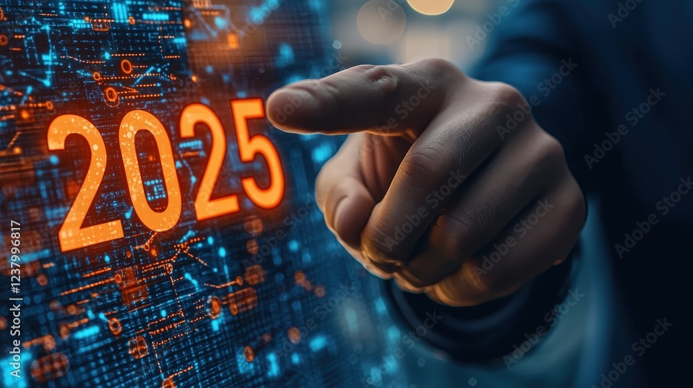 Poster futuristic digital interaction with numbers representing the year 2025 in a technological and innova