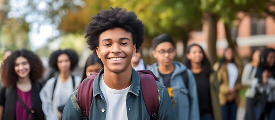 Teenage student with backpack outside school or college with group of friends