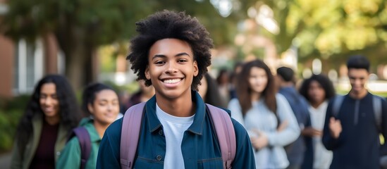 Teenage student with backpack outside school or college with group of friends