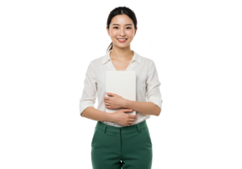 A young woman with her hair tied back, wearing a white blouse and green trousers, smiling while holding a closed white book or folder