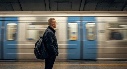 Man with Backpack Waiting on Subway Platform as Train Passes By