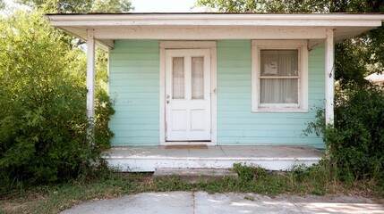 Small teal cottage, overgrown yard, summer day