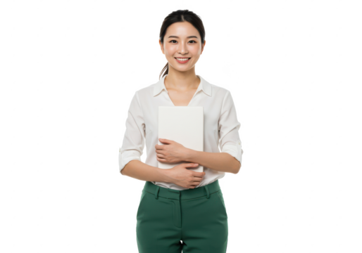 A young woman with her hair tied back, wearing a white blouse and green trousers, smiling while holding a closed white book or folder