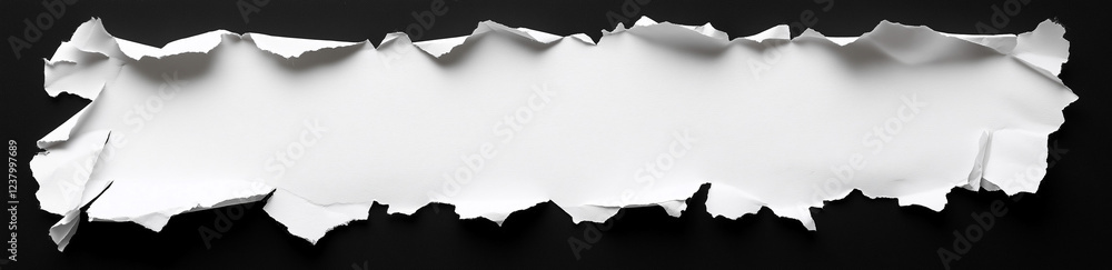 Poster white paper tear with empty space for text, isolated on a black background, panoramic banner. the to