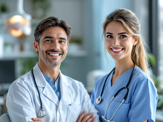 Fototapeta premium Confident healthcare team smiling together in modern clinic environment, dentist's day, teeth, teeth, beautiful teeth, healthy teeth, beautiful smile