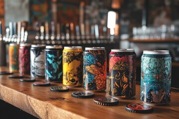 Artistic craft beer cans collection brewery taproom photography display rustic environment close-up view creative concepts can inspire unique drinking experiences