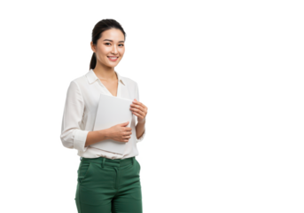 A young woman with her hair tied back, wearing a white blouse and green trousers, smiling while holding a closed white book or folder