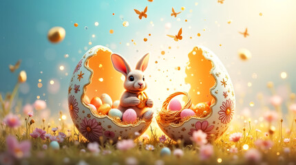 Naklejka premium Adorable Bunny in Decorated Egg Wonderland with Springtime Butterflies and Flowers. Easter concept