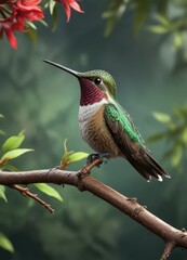 Fototapeta premium Hummingbird perched on a branch with its feathers glistening , forest floor, twiggy surface