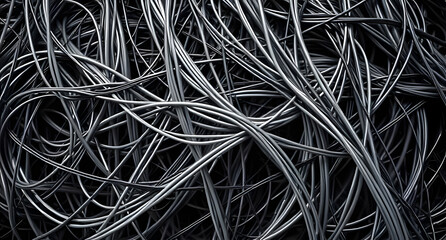 Abstract tangled wires background. Chaotic black and silver cables, technology overload.