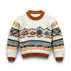 Cozy knitted wool sweater with a traditional Nordic pattern, placed on a bright white background