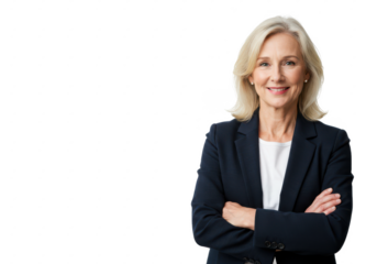 A professional older woman with blonde hair, wearing a dark blue blazer over a white shirt