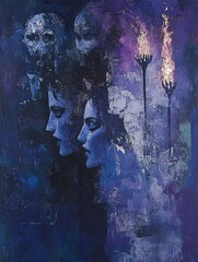 Melancholic Oil Painting with Two Female Profiles, Skulls, and Torches in Shades of Blue and Violet, Impasto Texture, Dark Mood