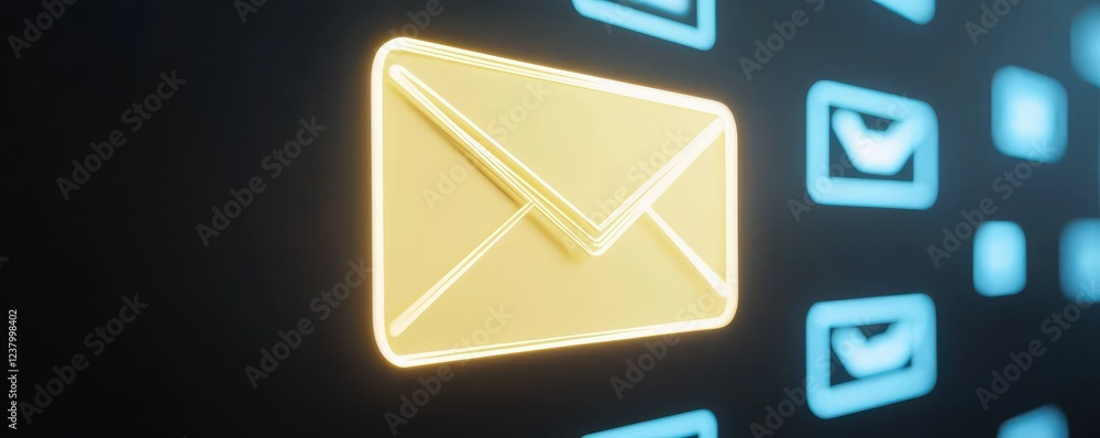 Poster neon email icon on dark background with notifications