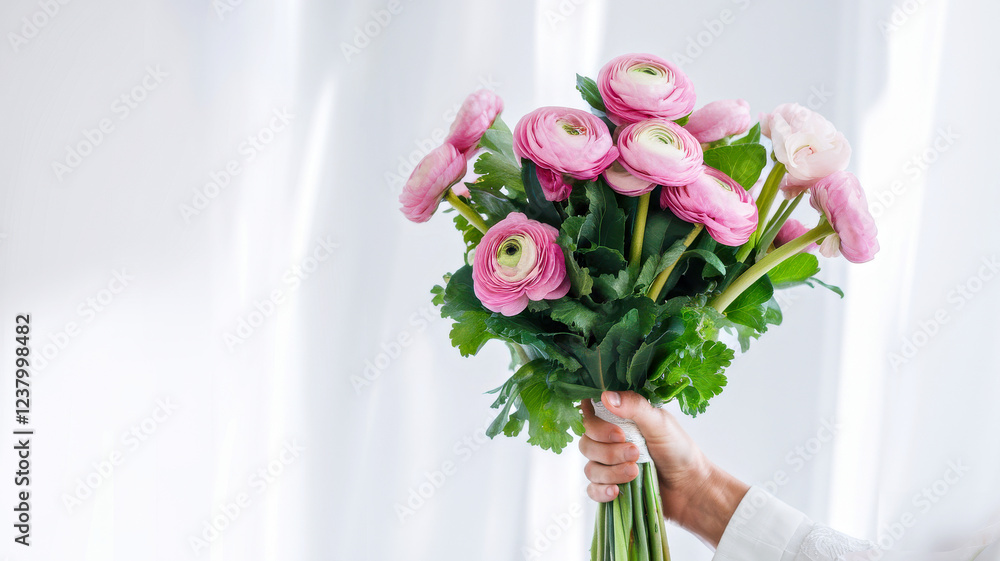 Canvas Prints Hand Holding Pink Ranunculus Bouquet Against Soft White Background