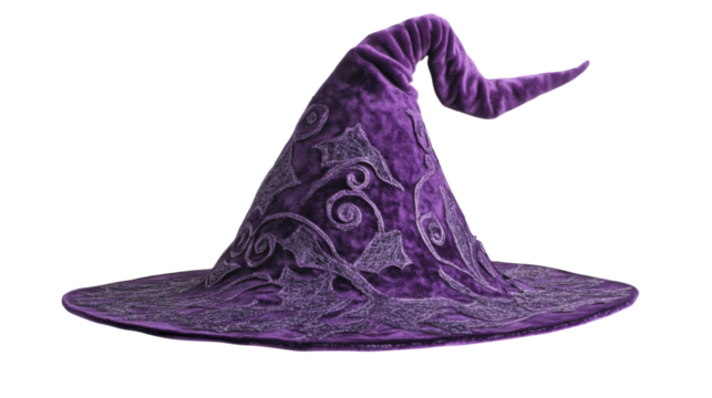 Purple witch hat with silver ornaments on transparent background