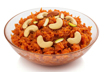 Fototapeta premium Gajar Ka Halwa, a Delicious Carrot-Based Indian Dessert Pudding, Garnished with Cashews and Almonds, Served in a Bowl