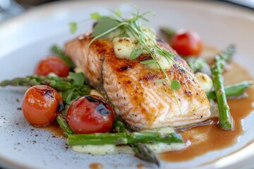 Grilled salmon fillet with asparagus and cherry tomatoes, topped with a creamy sauce.