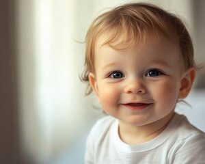 Fototapeta premium Adorable Baby Portrait with Bright Smile in a Warm Soft Light Setting, Ideal for Family and Parenting Themes