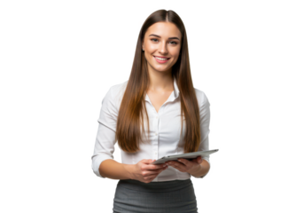 A young woman with long straight brown hair, wearing a white blouse and a gray skirt, holding a tablet and smiling while standing