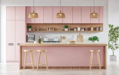 Cozy Modern Kitchen with Soft Pastel Pink Cabinets, a Wooden Breakfast Bar, and a Scandinavian-Inspired Open Layout