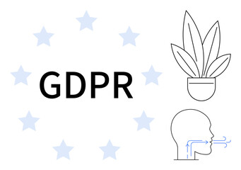 GDPR text encircled by stars, potted plant on top right, head profile with airflow arrows on bottom right. Ideal for data privacy, compliance, regulation, cyber security, communication, information