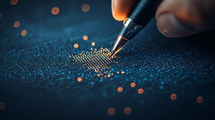 The image depicts a quill pen writing on the tablet with glowing codes. This symbolizes the fusion of traditional writing and modern technology in the field of literature and communication.