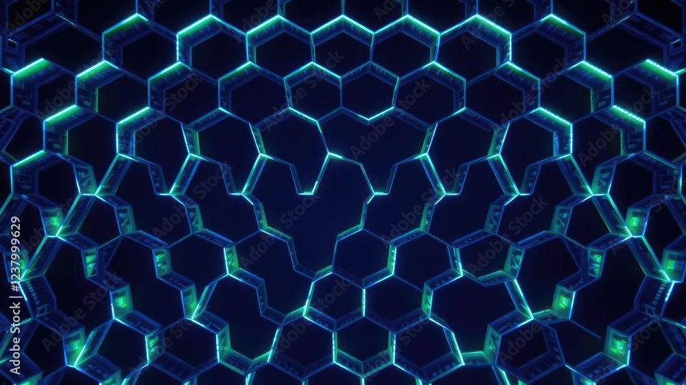 Poster illuminated hexagonal grid with blue and green lights creating a maze-like structure, neon blue ligh
