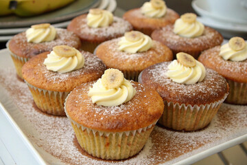 Banana Cupcakes Delight: Nine delectable banana cupcakes, adorned with swirls of creamy frosting and sprinkled with powdered sugar, are artfully arranged on a rectangular white platter.