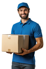 A Happy Deliveryman holding a cardboard box isolated on a transparent background, a happy express delivery professional person working courier package delivery shipping service worker  