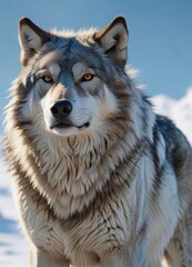 Imposing wolf with snowy coat under the clear winter sky, snowdrifts, animal shelter, fur pattern