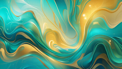 Abstract Fluid Art with Gold and Turquoise Waves, Luxurious Modern Digital Painting, Dynamic Flowing Lines, Elegant Swirl Pattern, Vibrant Artistic Background for Contemporary Interior and Design