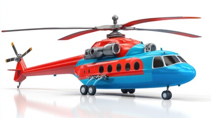 animated-style helicopter with a bright red and blue body, isolated on white